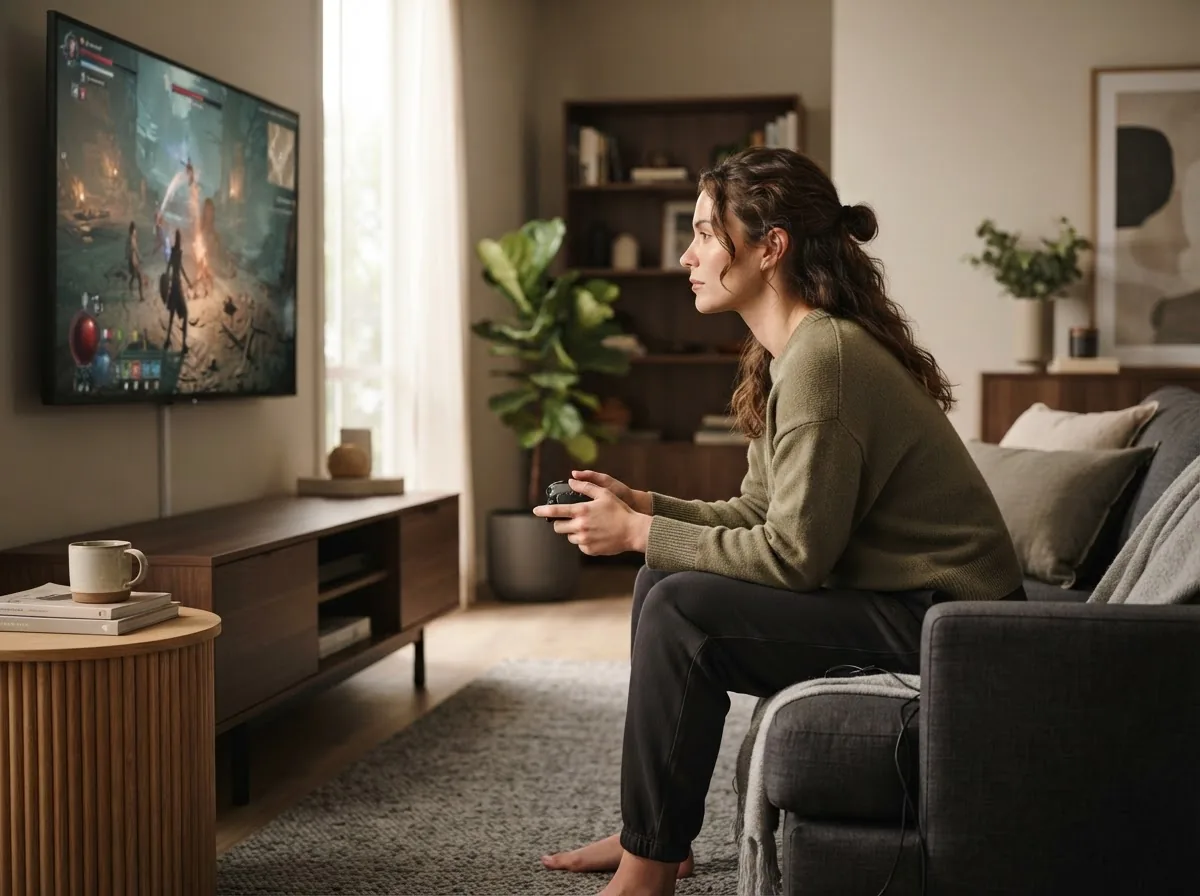 A person considering the details of a gaming platform