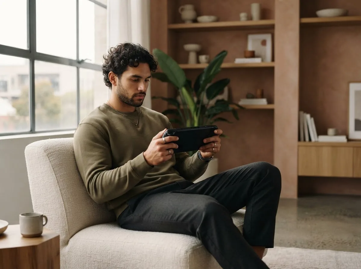 Hands holding a portable gaming device